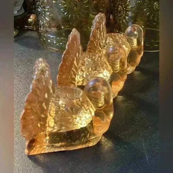 williams sonoma SET OF 3 AMBER GLASS TURKEY small taper holders 2"x 2", - Picture 5 of 9